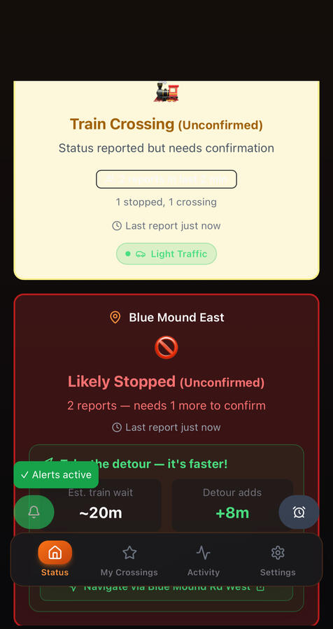 Get an alternative route when train is blocking crossing